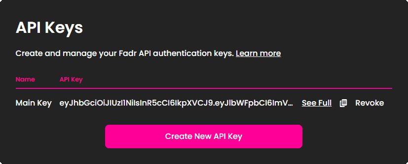 Fadr account page manage API keys block